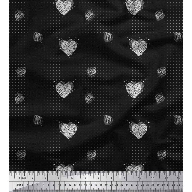 Soimoi Black Poly Georgette Fabric Heart & Dots Decor Fabric Printed Yard 52 Inch Wide