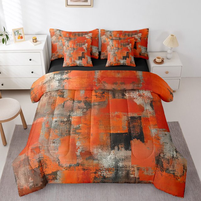 YST Abstract Oil Painting 7-Piece Bedding Set, Full, Orange Brown, Ombre, Gradient, Modern Abstract Design