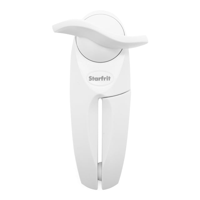 Starfrit Little Beaver Can Opener in white with comfort grip handle and compact ergonomic design for right and left-handed use, opens cans safely without sharp edges, ideal kitchen utensil for meal prep and pantry organization.
