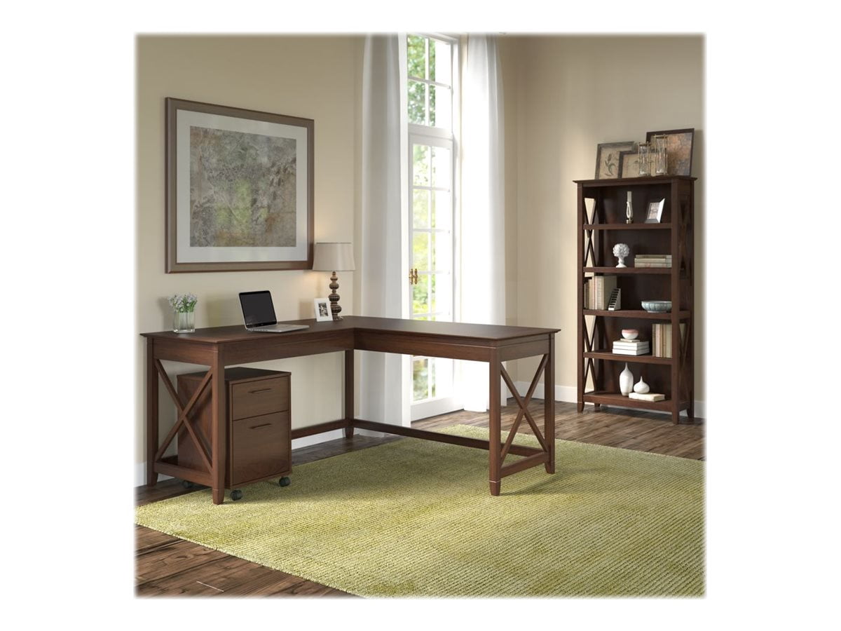 Bush Furniture - Key West 60W, L Shaped Desk with 2 Drawer Mobile File Cabinet and 5 Shelf Bookcase
