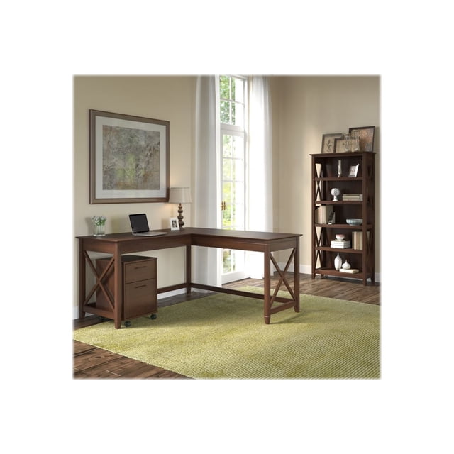 Bush Furniture - Key West 60W, L Shaped Desk with 2 Drawer Mobile File Cabinet and 5 Shelf Bookcase