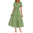 thumbnail image 4 of Meichang Robes Midi d'Été pour Femmes à Manches Courtes, Encolure en V Fendue, Taille Plissée, Robe Trapèze, Évasée, Décontractée, à Étages, Longue, Robes d'Invitée de Mariage, 4 of 9