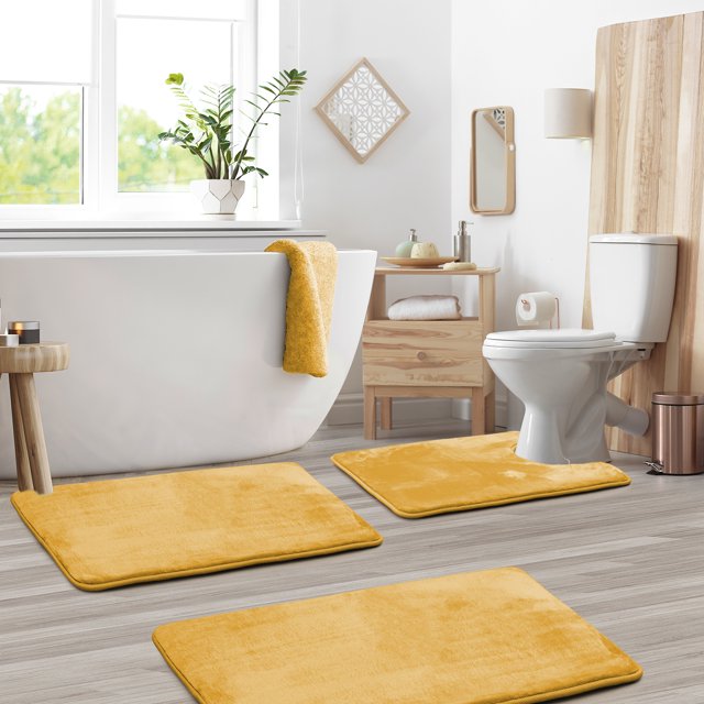 Set of 3 Clara Clark Bath Mat Bathroom Rug - Absorbent Memory Foam Bath Rugs - Non-Slip, Thick, Cozy Velvet Feel Microfiber Bathrug - Gold - Large 20"x32" - Small 17"x24" - Contour 24"x20"