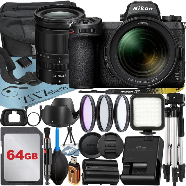 Nikon Z7 II Mirrorless Camera with NIKKOR Z 24-70mm f/4 S Lens + 64GB Card + Case + 3 Pieces Filter + Flash + ZeeTech Accessory Bundle