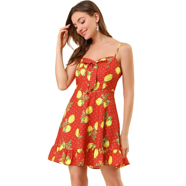 INSPIRE CHIC Robe à Pois Citron pour Femme à Bretelles Spaghetti avec Nœud