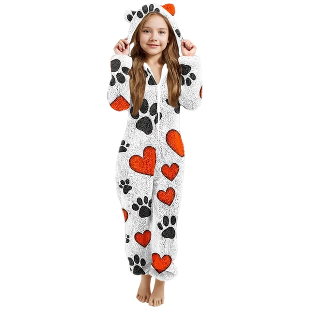 Pyjama pour Filles, Combinaison de Nuit Chaude d'Hiver à Manches Longues avec Capuchon, Combinaison Pyjama pour Filles