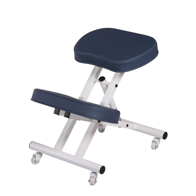 Master Ergonomic Steel Kneeling Chair perfect for home, office, and meditation with royal blue PU upholstered seat and knee pads, white steel frame, adjustable height, and dual-wheel casters for ergonomic support and easy mobility.