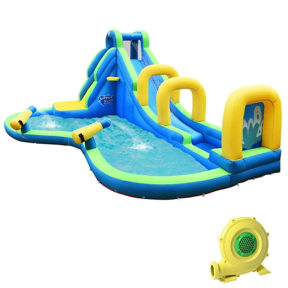 Gymax Parc Aquatique Gonflable pour Enfants, Maisonnette de Rebond avec Glissade, Mur d'Escalade, Éclaboussure, Piscine