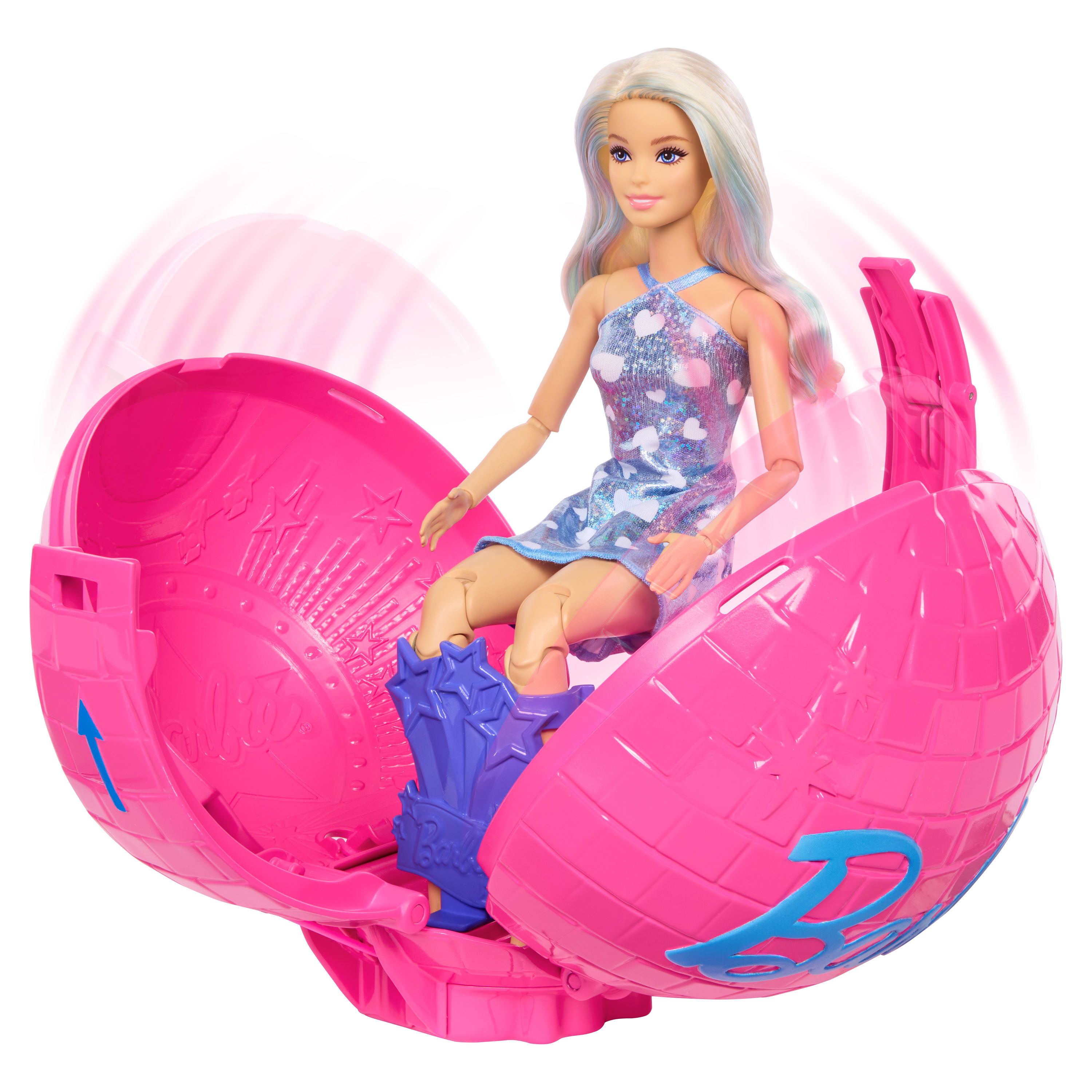 Barbie Team Roll and Reveal Poupée et accessoires Barbie Vedette pop, poupée mode blonde, 8 surprises et boîtier en forme de boule disco