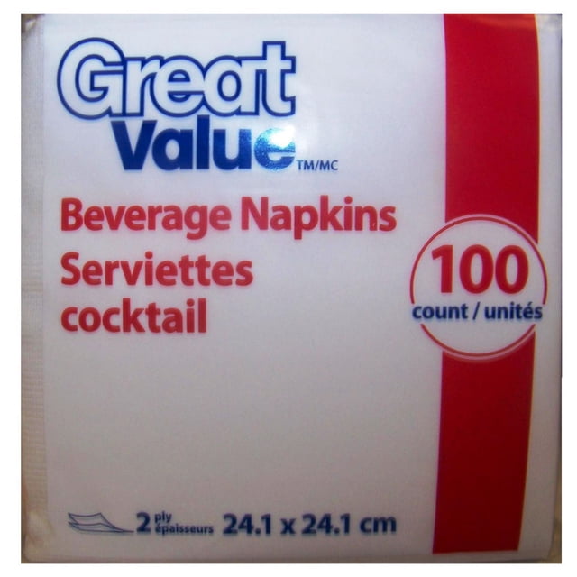 Great Value Beverage Napkins 100 count pack of white 2-ply cocktail napkins measuring 24.1 by 24.1 cm, ideal for party tableware to protect surfaces and prevent messes during beverage service.
