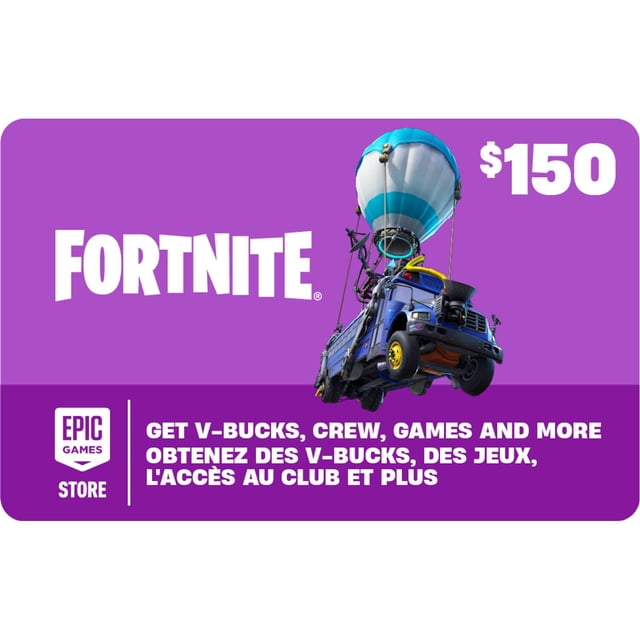 Fortnite Carte-Cadeau 150 $ code Numérique pour le Canada Mettant en Vedette l'Autobus de Combat Fortnite avec un Ballon Bleu et Blanc sur Fond Violet, Échangeable contre des V-Bucks, des Crews, des Jeux et Plus via la Boutique Epic games, Idéal pour Offrir des Joueurs Fortnite.