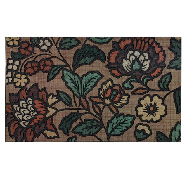 Mohawk Home Garden At Dusk Earth 1' 6" X 2' 6" door mat with a botanical floral pattern in green, rust, cream, and dark brown on an earth-tone textured background, featuring an ultra-durable polyester surface and recycled rubber backing for outdoor use, ideal for scraping dirt and channeling water away.