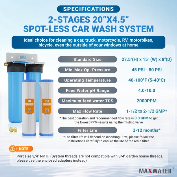 2 Stage Premium Water Deionizer for Car Washing, Digital TDS Meter