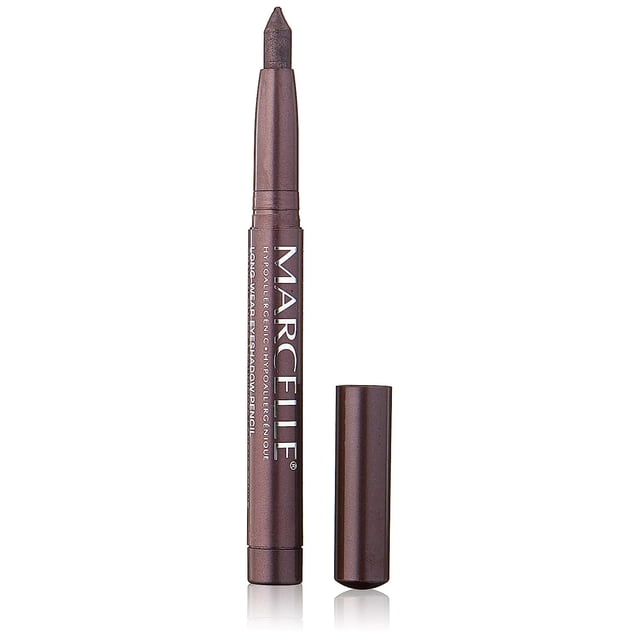 Marcelle Long-Wear Eyeshadow Pencil in Grey Mystery with a creamy, twist-up dark grey tip in a brown metallic barrel and removable cap, hypoallergenic and waterproof for smooth, long-lasting eye makeup; also ideal as a base for enhanced colour intensity.