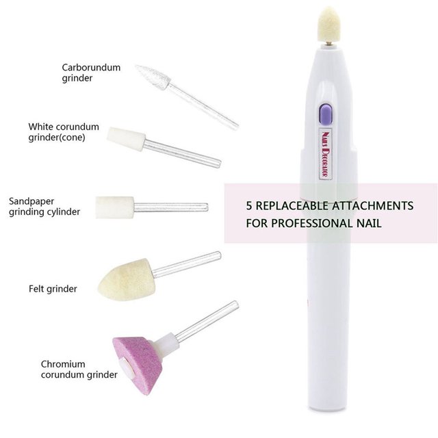 Professional Pen Shape Nail Drill Art File Electric Manicure by BELABELO, an ergonomic and lightweight electric nail drill with five replaceable attachments for precise nail care. Includes carborundum grinder, white corundum cone, sandpaper cylinder, felt grinder, and chromium corundum grinder for salon-quality manicures and pedicures. Compact design with low noise and vibration, ideal for home use or travel.
