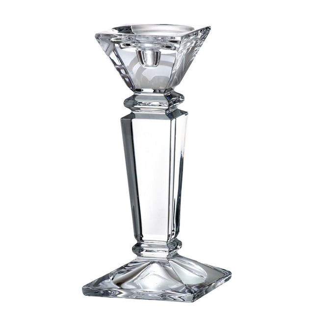 Crystalite Bohemia Empery 25 cm candlestick crafted from clear lead-free crystal with a faceted square base and tapered geometric stem, suitable for elegant candle display on dining tables, sideboards, or mantelpieces.