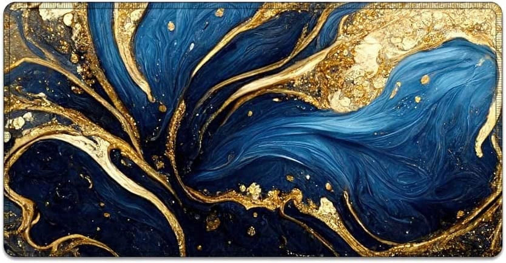 Large Mouse Pad 31.4 x 15.7inches 3mm XXL Extended Gaming Mouse Pad Mat with Non-Slip Base Stitched Mousepad for Computer,Office,Keyboard and Laptop-Blue and Gold Marble Texture，Waterproof Desk Mat