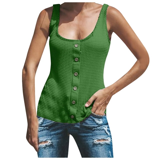 Timegard Camisoles Grande Taille pour Femmes Col Rond à Boutons Sans Manches Hauts Décontractés T-Shirt en Tricot Uni