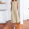 thumbnail image 1 of HKEJIAOI Robes Décontractées pour Femmes Offres Liquidation Robe d'Anniversaire Femme Décontractée à Rayures Imprimées Robe Sans Manches Col Lin Poche Longue Robe Kaki, 1 of 8