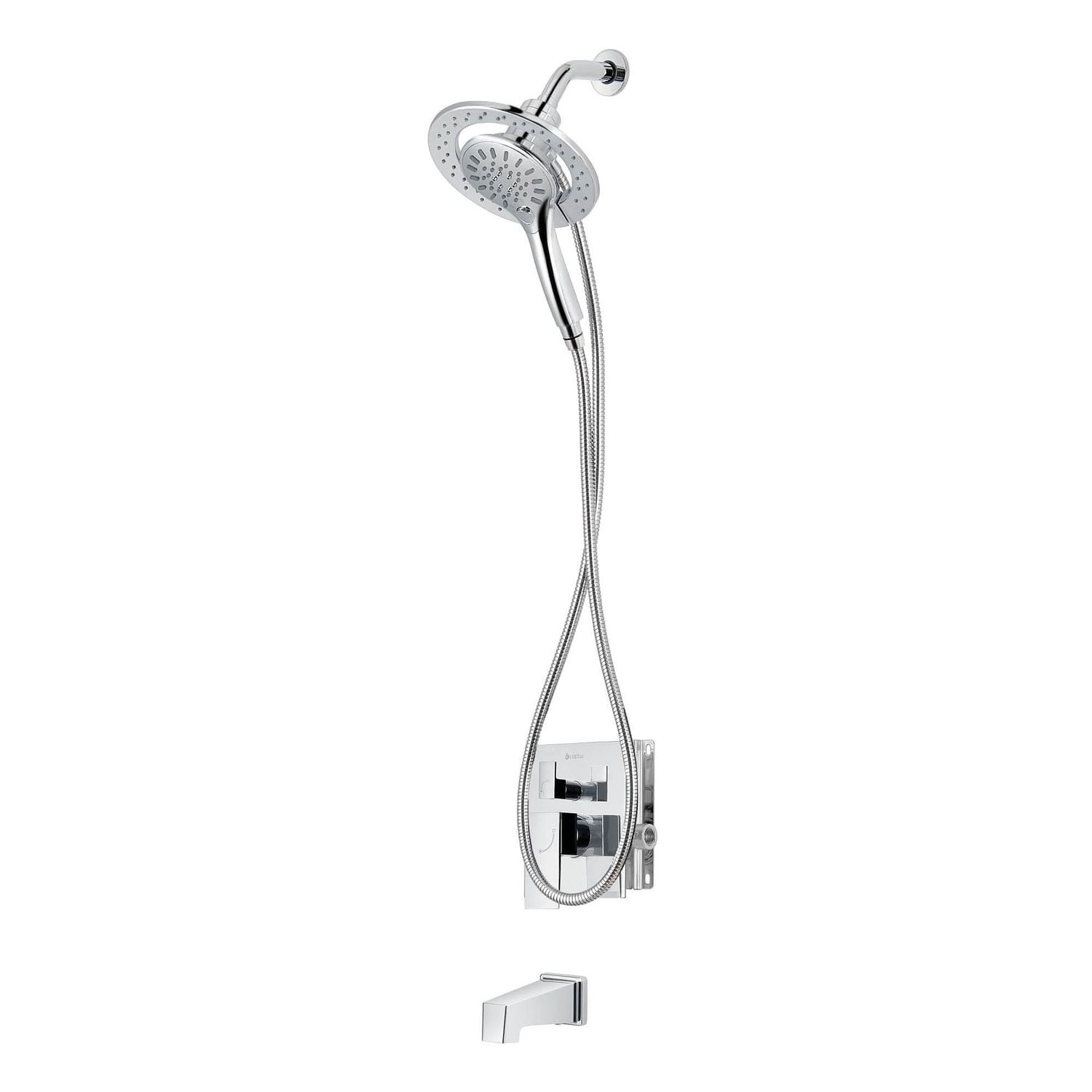 Robinet de bain-douche à pression équilibrée avec inverseur 3 voie carré akuaplus(MD), douche à main aimantée 3 réglages avec pommeau et bec de bain fini chrome