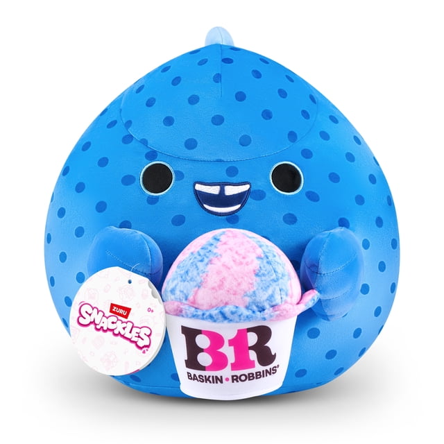 Snackles Licensed Series 3 8-inch Plush (OLIVIA) by ZURU, a blue round plush toy with dark blue polka dots and a smiling face, holding a plush Baskin-Robbins ice cream cup with pink and blue swirled ice cream, featuring a Snackles tag, suitable for cuddling and collecting.