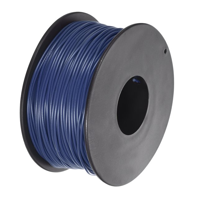 Uxcell 30AWG stranded wire hookup spool in blue, measuring 50 meters (164 feet) in length. The wire features a PVC insulation layer that is wear-resistant, acid-resistant, alkali-resistant, and oil-resistant. It has a tinned copper core for low eccentricity, stable current output, and resistance to oxidation and short circuits. The spool is designed for electrical applications and is part of the UL1007 standard.