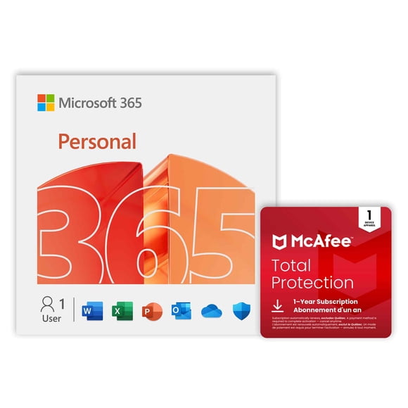 Microsoft 365 Personal 12-mos + McAfee Total Protection 1-Device 1-Year [Téléchargement numérique]