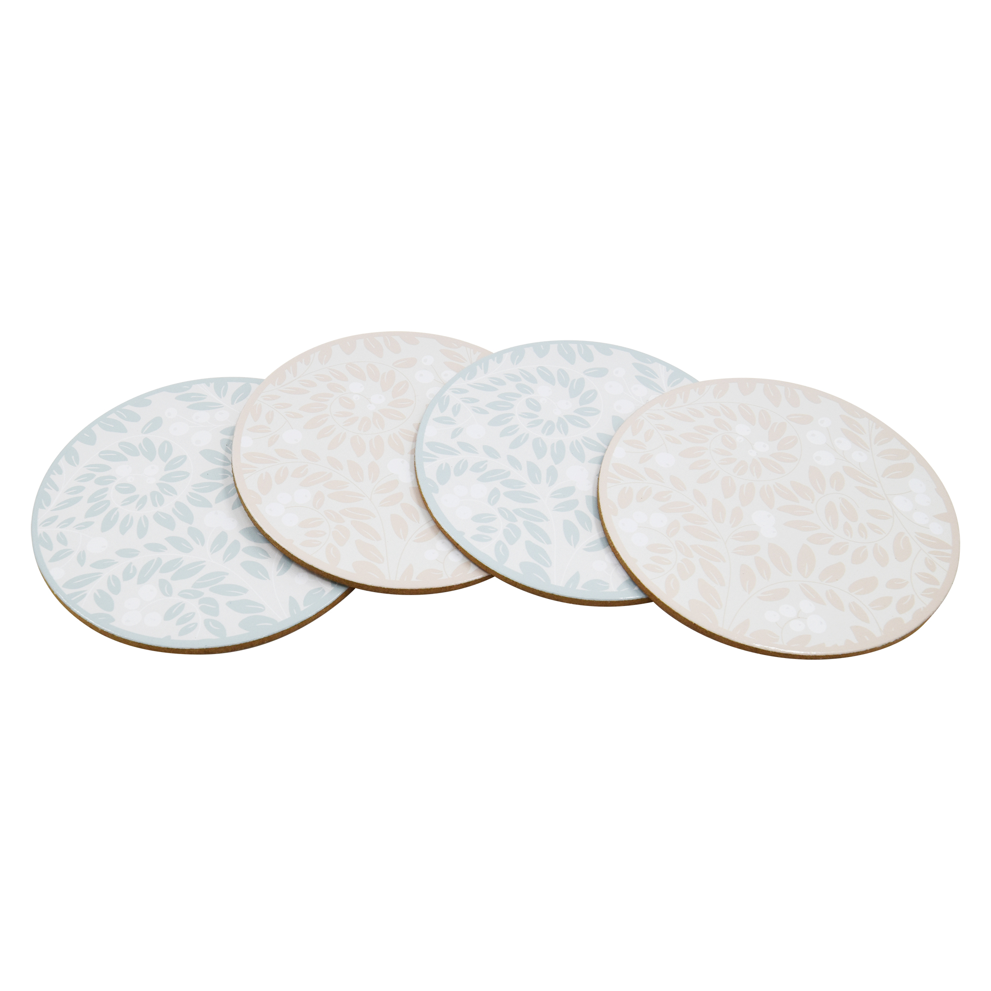Holiday Time Lot de 4 sous-verres ronds en liège à motif de feuilles, isolants thermiques, isolants thermiques, Vert naturel et beige