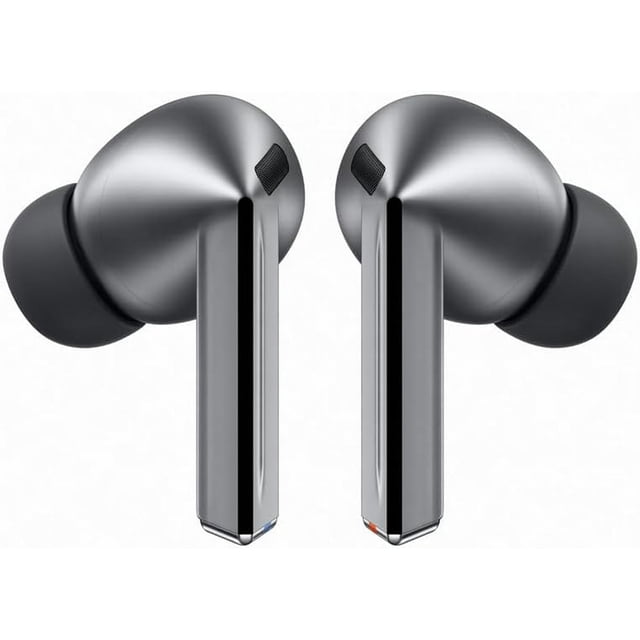 Samsung Galaxy Buds 3 Pro wireless Bluetooth earbuds in silver, featuring a sleek, angled design with Blade Lights for a modern aesthetic. These earbuds offer adaptive noise control, sweat and water resistance, and AI translator functionality. Equipped with a 24-bit CODEC, dual amp, and enhanced 2-way speakers for hi-fi sound and 360 audio. The compact case includes a transparent cover, USB-C, and wireless charging capabilities.