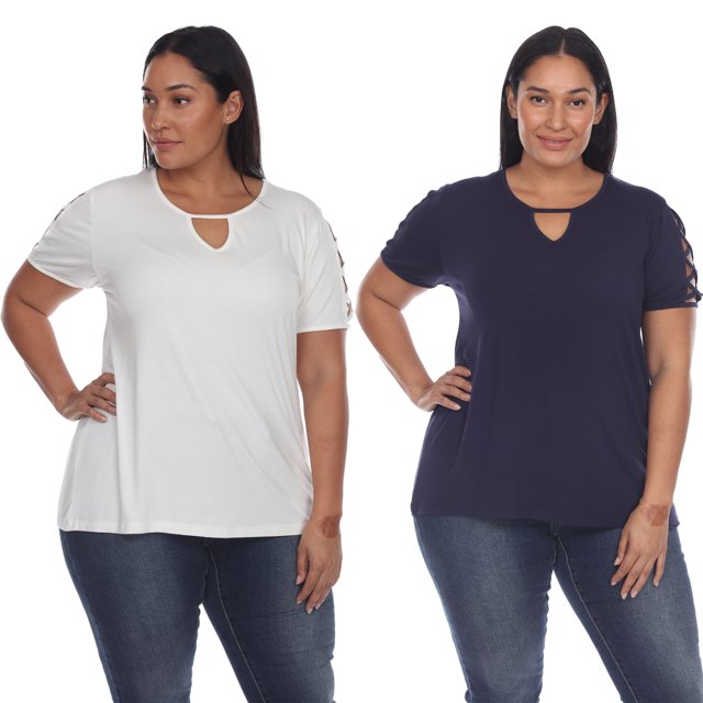 White Mark Women's 2-Pack White Keyhole Cutout Round Neckline Short Sleeve Top