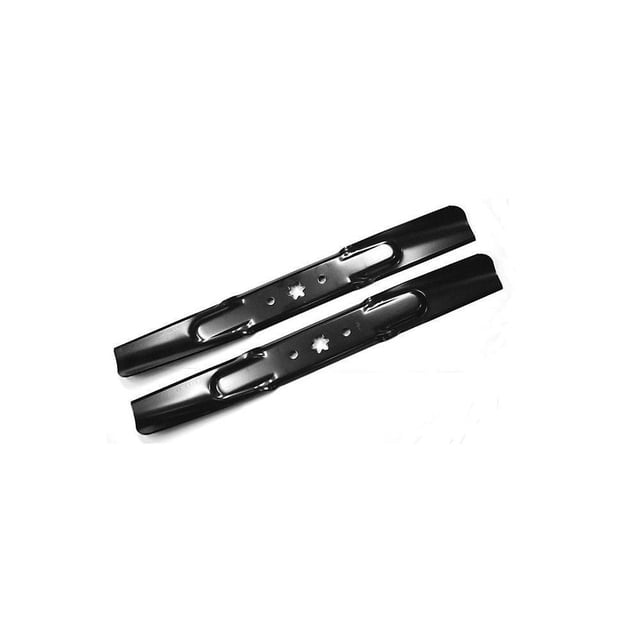 MTD 42-inch Twin Blade Set for Lawn Tractors with two black steel blades featuring star-shaped center holes, designed for 42-inch decks on MTD, Cub Cadet, Troy-Bilt, and similar brands from 2010 and newer, suitable for lawn mower blade replacement.