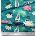 thumbnail image 2 of Soimoi Green polyester Crepe Fabric Yacht & Lotus Flower Decor Fabric Printed BTY 42 Inch Wide, 2 of 3
