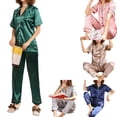 thumbnail image 5 of Ensemble de Pyjama d'Été en Satin pour Femme, Haut à Manches Courtes à Col à Revers + Pantalon à Taille Élastique, 2 Pcs, Tenue d'Intérieur, 5 of 5