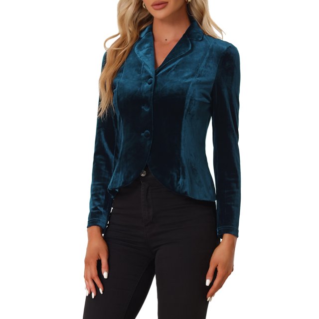 INSPIRE CHIC Blazer en Velours à Manches Longues avec Col Cranté pour Femmes TP Bleu Paon