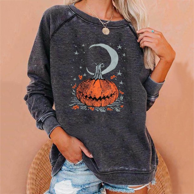 Nouveaux Hauts pour Femmes 2023 Décontracté Manches Longues Col Rond Hauts Chemises Amples Blouse Imprimé d'Halloween Chandail Graphique Coupe Décontractée Chandail Surdimensionné pour Femmes