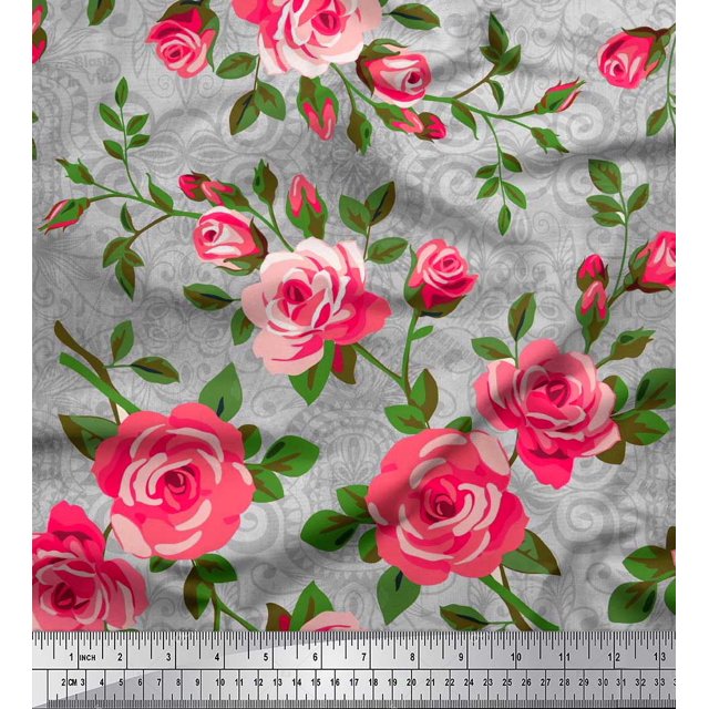 Soimoi polyester Crepe Fabric Leaves & Rose Flower Decor Fabric Printed Yard 42 Inch Wide