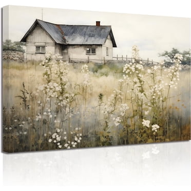 Retro Landscape Wall Art Wildflower Field Farmhouse Painting Prints French Country Canvas Pictures Rustic Wall Decor for Living Room Framed(1, (12.00" x 18.00"))