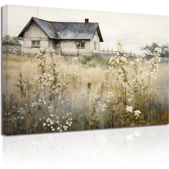 Retro Landscape Wall Art Wildflower Field Farmhouse Painting Prints French Country Canvas Pictures Rustic Wall Decor for Living Room Framed(1, (12.00" x 18.00"))