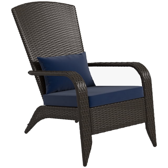Outsunny Rattan Adirondack Chair Wicker Fire Pit Chair w/ Cushion Dark Blue. This outdoor chair features a rust-resistant steel frame wrapped in handwoven PE rattan wicker in deep brown, paired with dark blue polyester cushions. The design includes a tall, curved backrest, wide armrests, and ample seat space for comfort. Ideal for patios, porches, or poolside settings. Dimensions: 25.6" W x 31.5" D x 30.3" H. Weight capacity: 264 lbs.