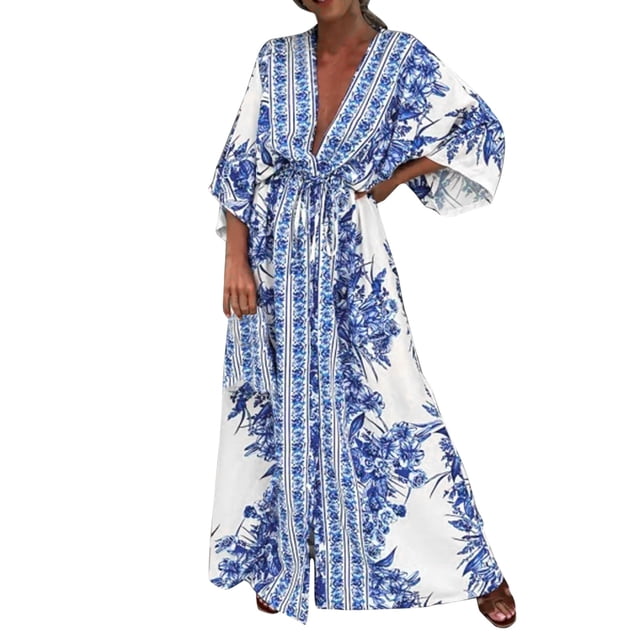 2025 Robe à Col en V pour Dames à Manches Courtes, à Lacets, Imprimée, Grande Jupe, Robe d'Été pour Femmes, Robe Maxi pour Dames, Robes d'Été Décontractées pour Femmes, Robe de Saison, Robes Chemise Maxi, Robes Longueur Genou fo