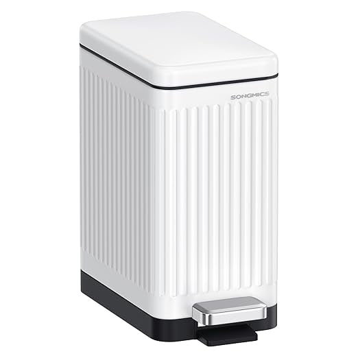 SONGMICS Bathroom Trash Can, 2.6-Gallon (10 L) Trash Bin with Lid, Slim for Small Spaces, Stainless Steel Garbage Can, Soft Close, White
