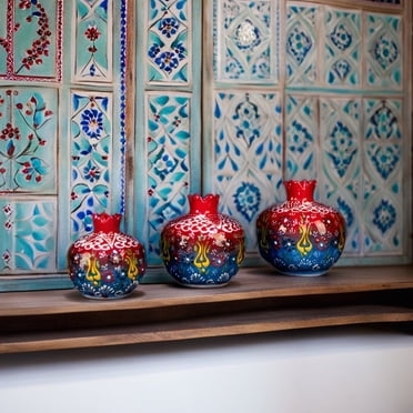 Handmade Turkish Ceramic Pomegranate Vase Set - 3-Piece Colorful Decorative Accents for Home, Tabletop, Shelf, or Gift Vases