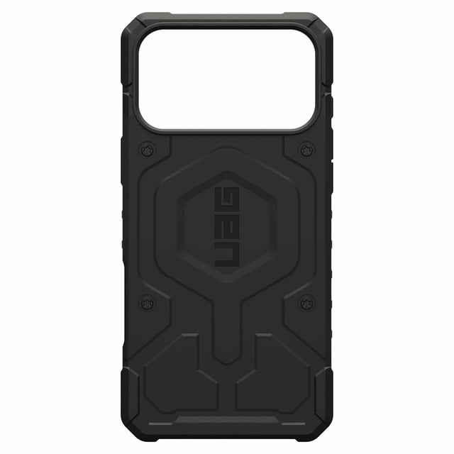 UAG Pathfinder MagSafe Étui Robuste Noir pour iPhone 17 Pro Max, Vue Arrière Présentant une Étui Blindée Noire Ultra Légère avec Noyau à Motif Hexagonal, Cadre Renforcé Résistant aux Impacts, Vis Visibles et Grande Découpe de Caméra, Conçu pour une protection contre les Chutes de Qualité Militaire et Compatibilité avec la Recharge MagSafe.