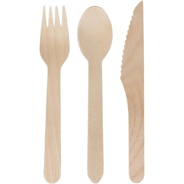 Zhuge 300Pcs Disposable Cutlery Set 6 Inch Wood Cutlery (100 Forks, 100 Spoons and 100 Knives)
