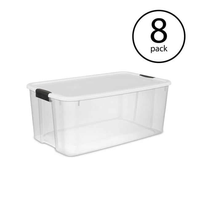 Sterilite Bacs de Rangement Empilables Transparents de 116 Pintes avec Loquet, Lot de 8. Ces Bacs de Rangement en Plastique Durables Présentent un design Transparent pour une identification Facile du Contenu et des Couvercles à Loquet Sécurisés pour Protéger les Articles de la Poussière et de la Saleté. Chaque Contenant a une Capacité de 116 Pintes, Idéal pour Ranger des Décorations, des Équipements Sportifs, des Jouets et Plus. les Couvercles Encastrés Permettent un Empilage vertical stable, Optimisant l'Espace de Rangement dans les sous-Sols, les garages Ou les Greniers. Dimensions