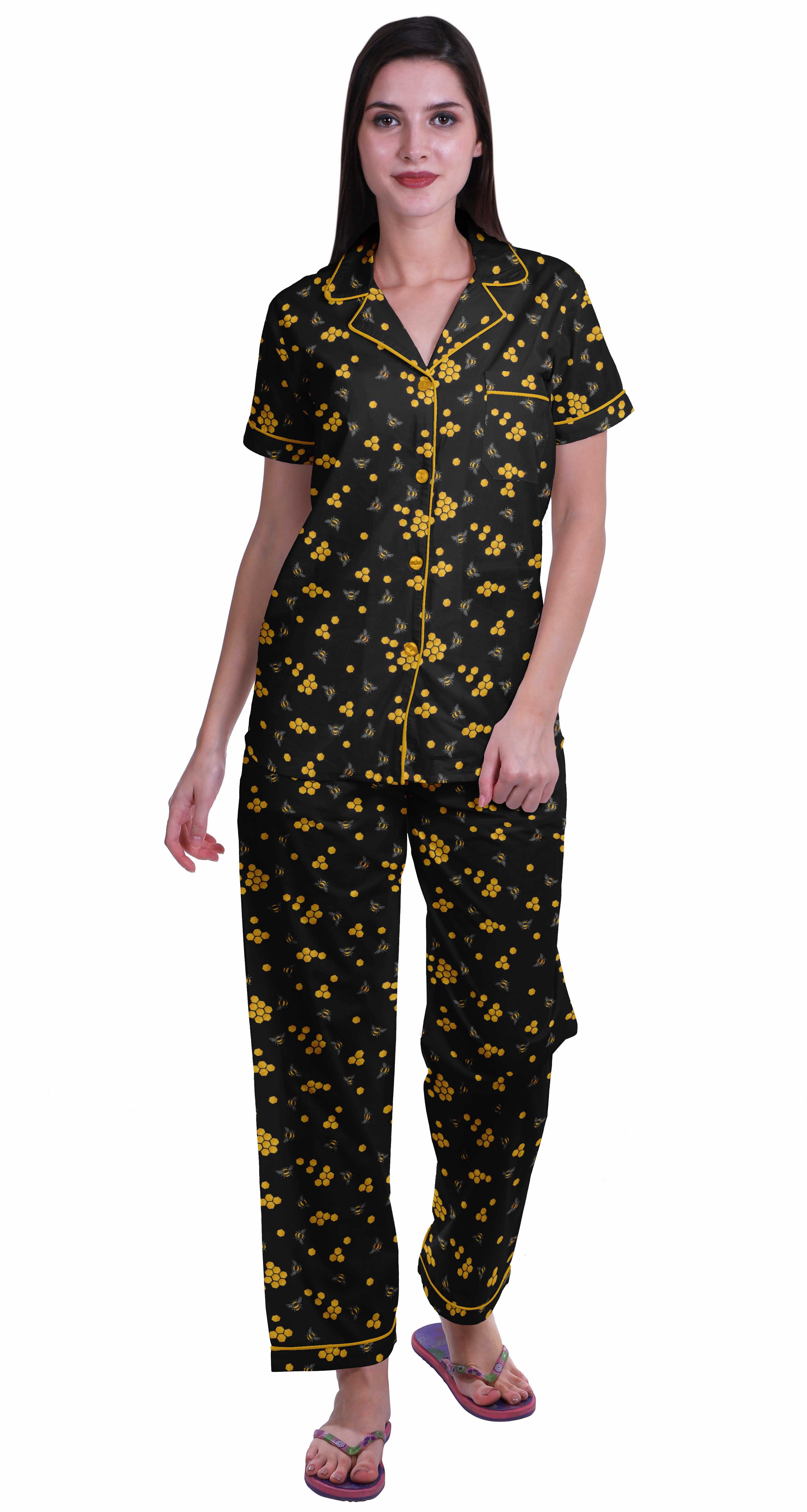 Moomaya Pyjama pour Femmes Ensemble de Pj Chemise de Pyjama en Coton Imprimé à Boutons Tenue de Nuit