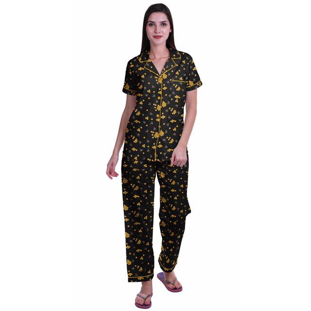 Moomaya Notch Collar Button Down Printed Cotton Pajama Set For Women Nightwear