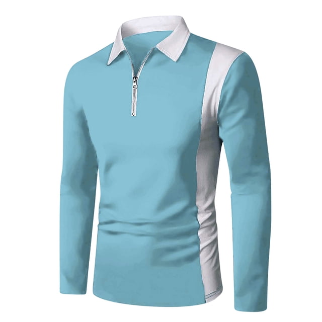yievot Chemise à Col à Revers pour Homme à Manches Longues, Couture Bicolore, Mode, Fermeture Éclair, Manches Longues, Polo à Col Rabattu