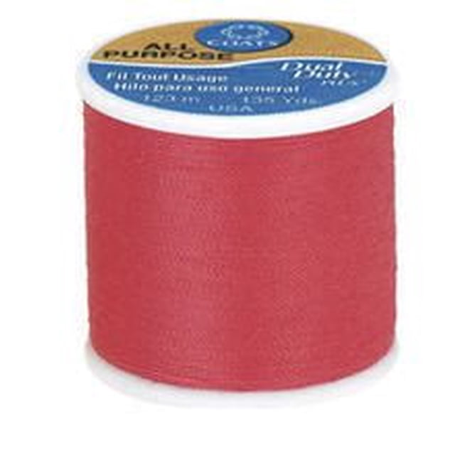 Coats & Clark All Purpose Polyester Thread spool in red, 123 metres long, suitable for hand and machine sewing on knits and woven fabrics, shown in a close-up front view with a white plastic base and blue label, often used for various sewing and craft notions.