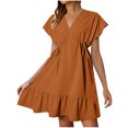 thumbnail image 2 of Offres jusqu'à 70 % de Rabais! Fashiopn Hauts d'Été pour Femmes 2024 Robes Grande Taille Manches Courtes Col en V Cordon Décontracté à Volants Robe Trapèze Courte Cadeau pour Femmes en Solde, 2 of 9